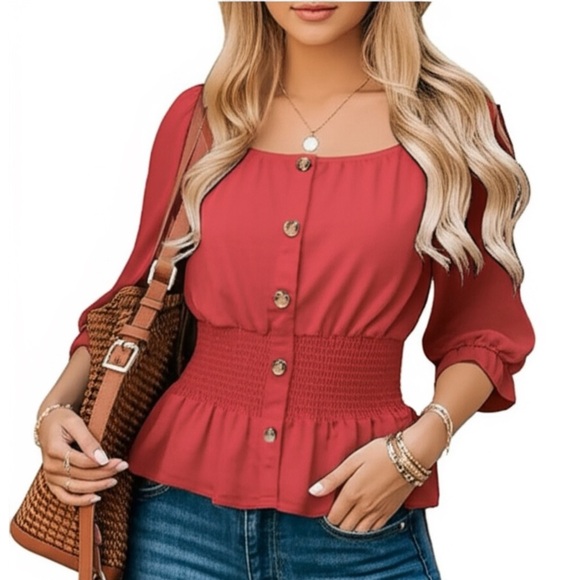 New MERAKI Orange Boho Blouse Women’s Top Button Accents Cinched Waist Sz M - Picture 1 of 9